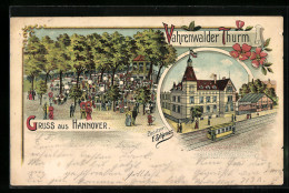 Lithographie Hannover, Gasthaus Vahrenwalder Thurm, Strassenbahn  - Hannover