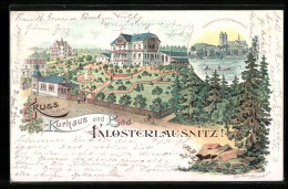 Lithographie Klosterlausnitz, Kurhaus Und Bad, Klosterkirche Mit Schwanenteich  - Bad Klosterlausnitz
