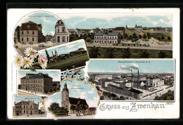 Lithographie Zwenkau, Dampfbrauerei Zwenkau AG, Schule, Rathaus  - Autres & Non Classés