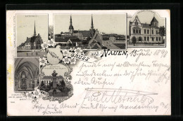 Lithographie Nauen, Rathaus, Kaiserliches Postamt, Inneres Der St. Jacobi-Kirche  - Nauen