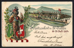 Lithographie St. Gallen, Eidgen. Schützenfest 1904, Festhalle, Schütze Mit Gewehr Vor Zielscheibe  - Caza