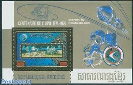 Cambodia 1974 UPU Centenary S/s, Gold, Mint NH, Transport - Stamps On Stamps - U.P.U. - Space Exploration - Stamps On Stamps
