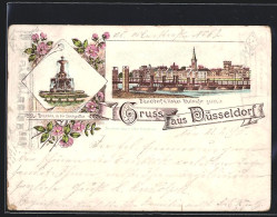 Vorläufer-Lithographie Düsseldorf, 1895, Ortsansicht Von Linken Rheinufer Aus, Brunnen In Der Königsallee  - Düsseldorf