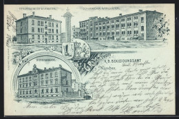 Lithographie München, K. B. Bekleidungsamt, Schuhmacher Werkstätten, Dienstgebäude  - München