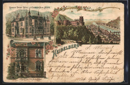 Lithographie Heidelberg, Totalansicht, Eingang Zur Villa Beau Sejour, Harrers Privat Hotel  - Heidelberg