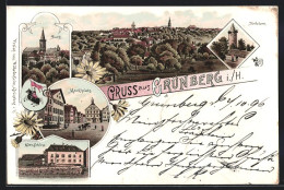Lithographie Grünberg I. H., Altes Schloss, Burg, Marktplatz  - Grünberg