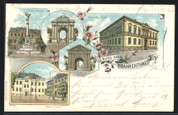 Lithographie Frankenthal, Karolinen-Institut, Speyerer-Thor, Kriegerdenkmal  - Speyer