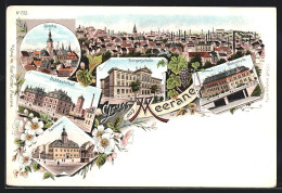 Lithographie Meerane, Webschule, Schlachthof, Ortsansicht  - Meerane