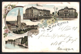Lithographie Saarlouis, Hotel Kaiserhof, Cafe Schmidt Und Kathol. Kirche, Kgl. Garnisonlazareth  - Kreis Saarlouis