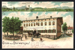 Lithographie Oberwarngau, Gasthaus U. Metzgerei, Allerheiligen-Kirche Mit Wallberg, Pferdekutsche, Radfahrer  - Andere & Zonder Classificatie