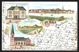 Lithographie Roxheim A. Rh., Neues Schulhaus, Hofgut Scharrau, Ev. Kirche  - Sonstige & Ohne Zuordnung