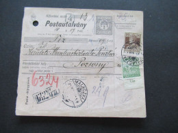 Ungarn 1919 GA / Postanweisung Postautalvany Mit 2x Zusatzfrankatur Rückseitig Violetter Stempel Pozsony - Cartas & Documentos