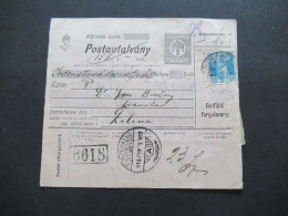 Ungarn 1919 GA / Postanweisung Postautalvany Mit 5x Zusatzfrankatur Rückseitig Stempel Zsolna - Brieven En Documenten