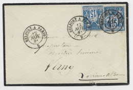 SAGE 15CX2 PETITE LETTRE DEUIL AMBULANT BELFORT A PARIS 12 NOV 1881 B POUR LORRAINE - Railway Post