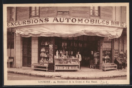 CPA Lourdes, Excursions Automobiles Bureau ICI, 39, Boulevard De La Grotte Et Rue Basse  - Lourdes