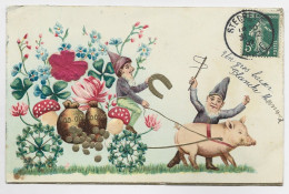 COCHON CHAMPIGNON CARTE GAUFFREE 1907 - Schweine