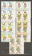 Rwanda: Full Set Of 7 Mint Stamps In Blocks Of 4 - Oveprint, Flowers, 1973, Mi#604-10, MNH - Ungebraucht