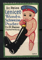 Reklamemarke Lenicet Wund- Und Schweisspuder, Dr. R. Reiss, Berlin-Charlottenburg, Soldatenbube Mit Stiefel  - Erinnofilie