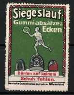 Reklamemarke Siegeslauf Gummiabsätze & Ecken, Deutsche Gummiwaren-Industrie Düsseldorf, Sportler Steht Auf Einem Abs  - Vignetten (Erinnophilie)
