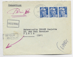 GANDON 15FRX3 PNEUMATIQUE  PARIS 84 1954 POUR PARIS IX + INCONNU RETOUR ENVOYEUR - 1921-1960: Modern Period