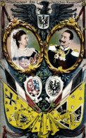 CPA Silberhochzeit Kaiserpaar, Kaiser Wilhelm II., Kaiserin Auguste Viktoria, Fahnen, Blason - Familles Royales