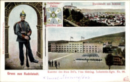 CPA Rudolstadt In Thüringen, Panorama, Schloss, Kaserne 3. Batl. 7. Thüring. Infant. Rgt. 96, Fahne - Autres & Non Classés