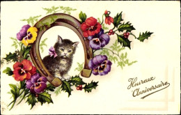 CPA Glückwunsch, Katze, Hufeisen, Stiefmütterchen, Stechpalme - Sonstige & Ohne Zuordnung