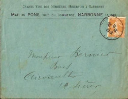 Enveloppe à Entête 5 - Marius Pons - Grands Vins Des Corbières, Minervois & Narbonne ( Aude ) - Cachet Du 18 Oct 1923 - Narbonne