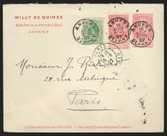 Envel. L 10c Fine Barbe Repiquage (Rare) " Willy DE QUINZE .. …" + N°45+57 D' ANVERS/1902 Pour Paris.  - 1893-1900 Barba Corta