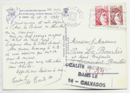 SABINE 10C+1FR30 CARTE AIX LES BAINS 1980 POUR CROISSANT CALVADOS GRIFFE LOCALITE INCONNUE DANS LE 14 - 1961-....