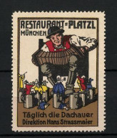 Reklamemarke München, Restaurant Platzl, Täglich Die Dachauer, Direktion Hans Strassmaier, Akkordeonspieler  - Erinnophilie
