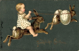 Gaufré Lithographie Glückwunsch Ostern, Kleinkind Reitet Auf Einem Hasen, Eier - Pascua