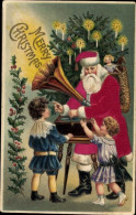 Gaufré Stoff Lithographie Glückwunsch Weihnachten, Weihnachtsmann, Tannenbaum, Grammophon - Sonstige & Ohne Zuordnung