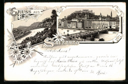Lithographie Salzburg, Ortsansicht Mit Schloss, Panorama, Edelweissblüten  - Other & Unclassified