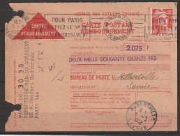FRANCE / CARTE CONTRE REMBOURSEMENT Du 03.03.52 De Paris--->Albeertville Tp Yv: 885 - Cartas & Documentos