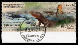 ANDORRA Correos (2024) EUROPA Fauna I Flora Submarines, Tritó Pirinenc, Calotriton Asper, Brook Salamander, Tritón - Oblitérés