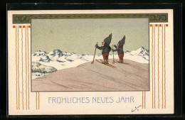 AK Fröhliches Neues Jahr, Zwerge Mit Skiern  - Autres & Non Classés