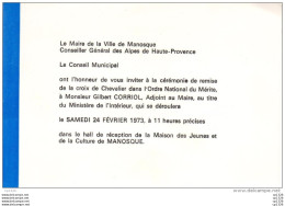 55Nja   04 Manosque Carte Invitation Medaille Croix De Chevalier Legion D'honneur En 1973 - Ohne Zuordnung