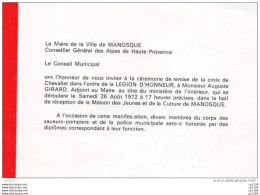55Nja   04 Manosque Carte Invitation Medaille Croix De Chevalier Legion D'honneur En 1972 - Manosque