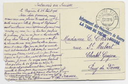 SUISSE HELVETIA CARTE DEFAUT GRIFFE INTERNEMENT PRISONNIERS GUERRE LA TOUR DE TREME SUISSE 1916 TO FRANCE PUY DE DOME - Sellados