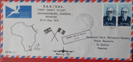 AVIATION 1974 KEMPAIR FLIGHT COVER #11 SAA 1ST FLIGHT JHB-DURBAN-REUNION - Cartas & Documentos