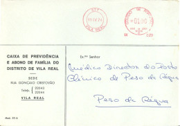 PORTUGAL. METER SLOGAN. PENSION BOX AND FAMILY ALLOWANCE OF THE DISTRICT OF VILA REAL. BANK. VILA REAL. 1974 - Postmark Collection
