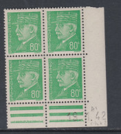 France N° 513 XX : Type Mal Pétain : 80 C. Vert En Bloc De 4 Coin Daté Du 19 . 1 . 42 ;  Sans Charnière, TB - 1940-1949