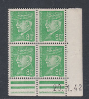France N° 513 XX : Type Mal Pétain : 80 C. Vert En Bloc De 4 Coin Daté Du 20 . 1 . 42 ;  Sans Charnière, TB - 1940-1949