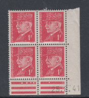 France N° 514 XX : Type  Pétain : 1 F. Rouge En Bloc De 4 Coin Daté Du 25 . 8 . 41 ; 1 Point Blanc ( + 4) ; Sans Ch., TB - 1940-1949