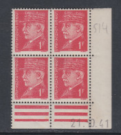 France N° 514 XX : Type Mal  Pétain : 1 F. Rouge En Bloc De 4 Coin Daté Du 21 . 10 . 41 ; Ss Point Blanc ; Sans Ch., TB - 1940-1949