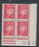 France N° 514 X : Type Mal  Pétain : 1 F. Rouge En Bloc De 4 Coin Daté Du 26 . 3 . 43 ; 3 Pts Blancs ; Trace Ch., TB - 1940-1949