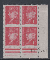 France N° 514 X : Type Mal  Pétain : 1 F. Rouge En Bloc De 4 Coin Daté Du 15 . 1 . 41 ; Ss Pt Blanc ; Trace Ch., TB - 1940-1949