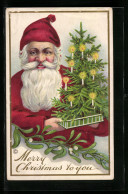 Präge-AK Weihnachtsmann Hält Glücklich Einen Christbaum  - Santa Claus