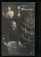 Fotomontage-AK Fröhliche Weihnachten!, Junger Mann Mit Christbaum Und Fräulein  - Fotografie